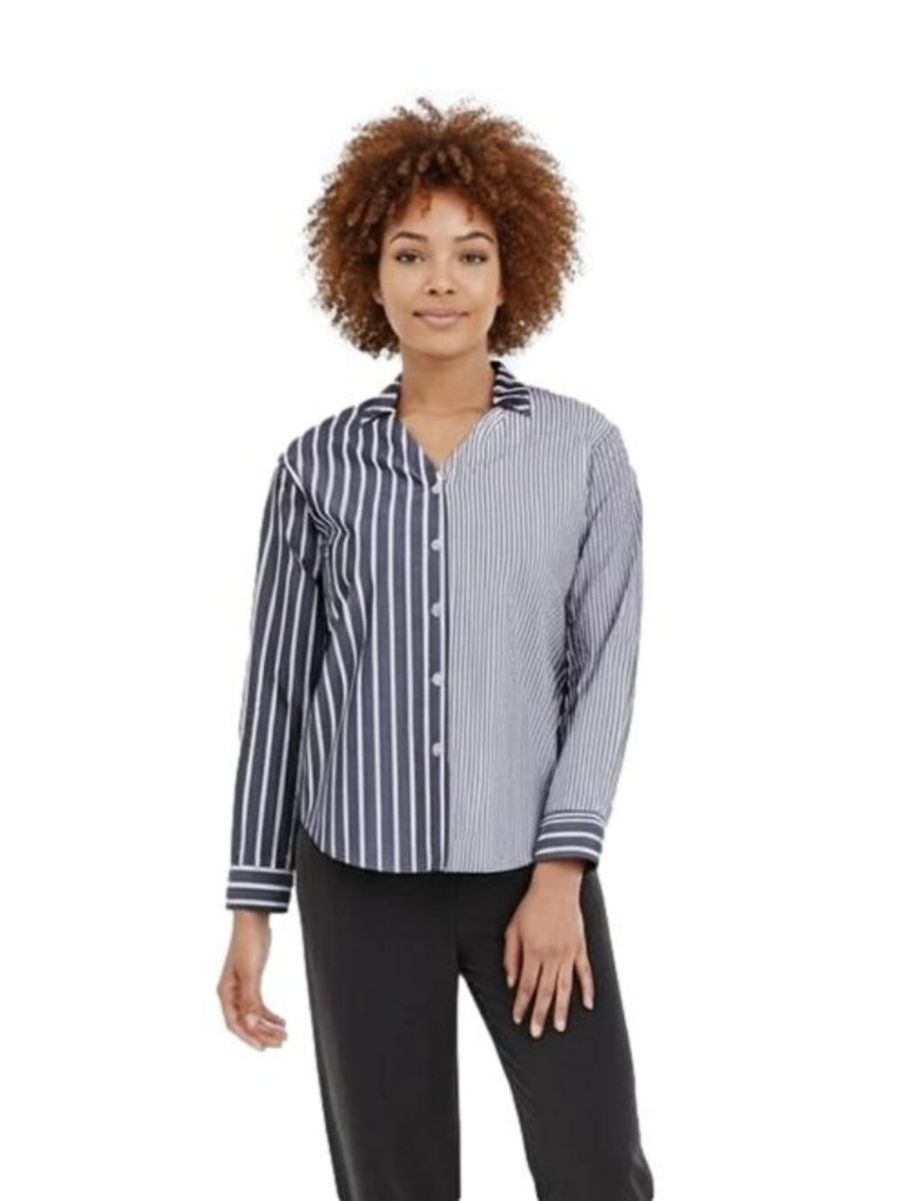 Lacey Chabert Mixed Stripe Button-Down Top Black/White - Regular Large